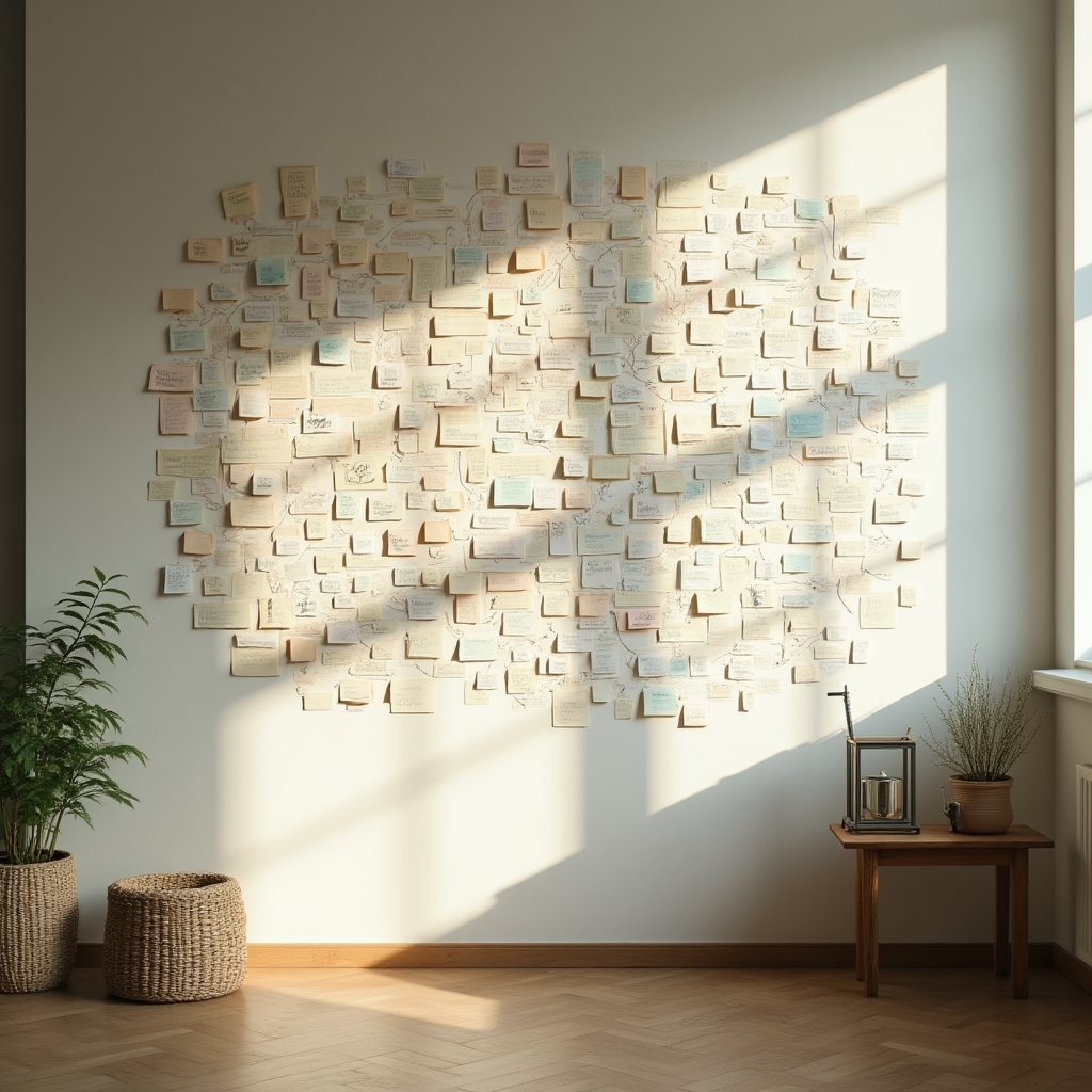 Wand mit Mindmap und verknüpften Notizen zur Prozessgestaltung