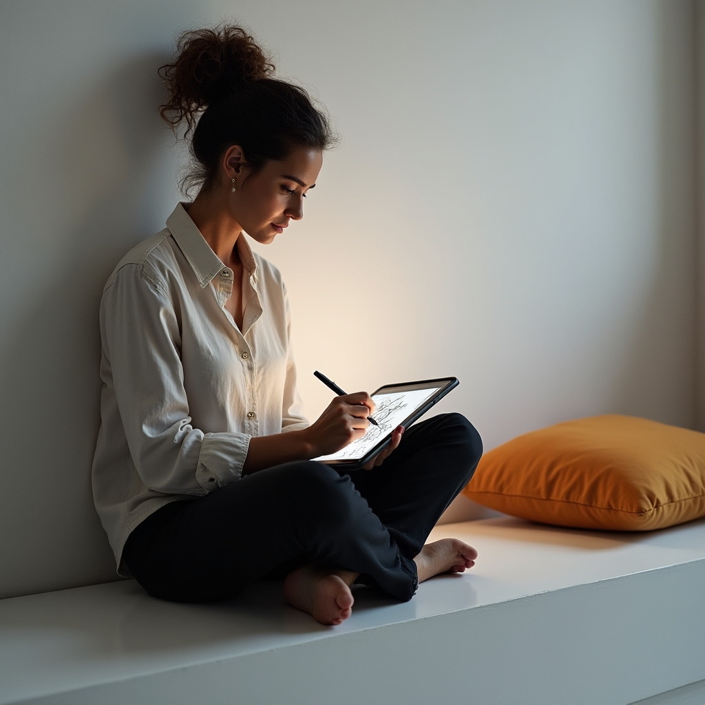 Designerin arbeitet konzentriert an einem Tablet mit Entwurfsskizzen