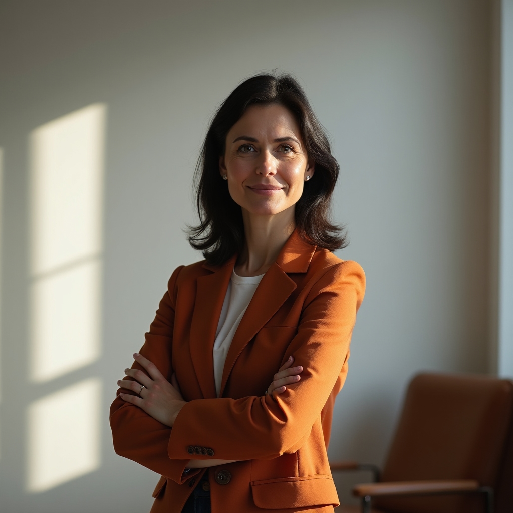 Porträt einer Kursleiterin der Akademie in einem hellen Arbeitsraum