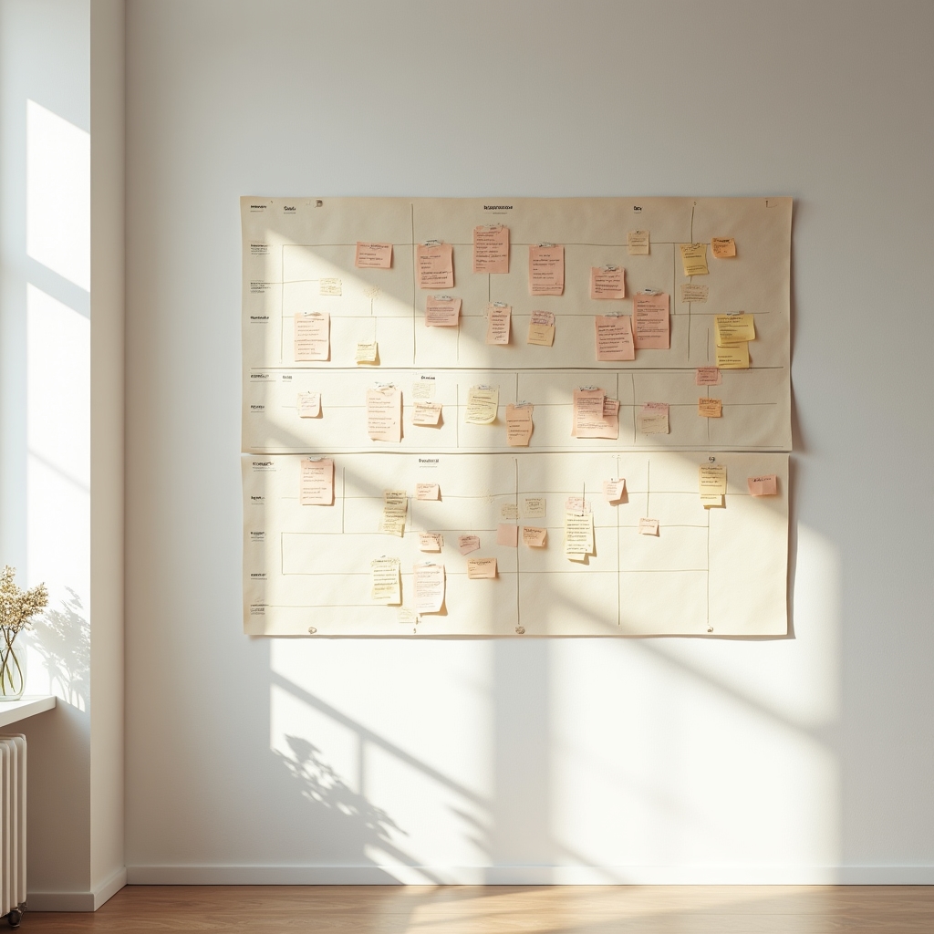 Projektzeitplan mit Haftnotizen an einer hellen Wand im Studio